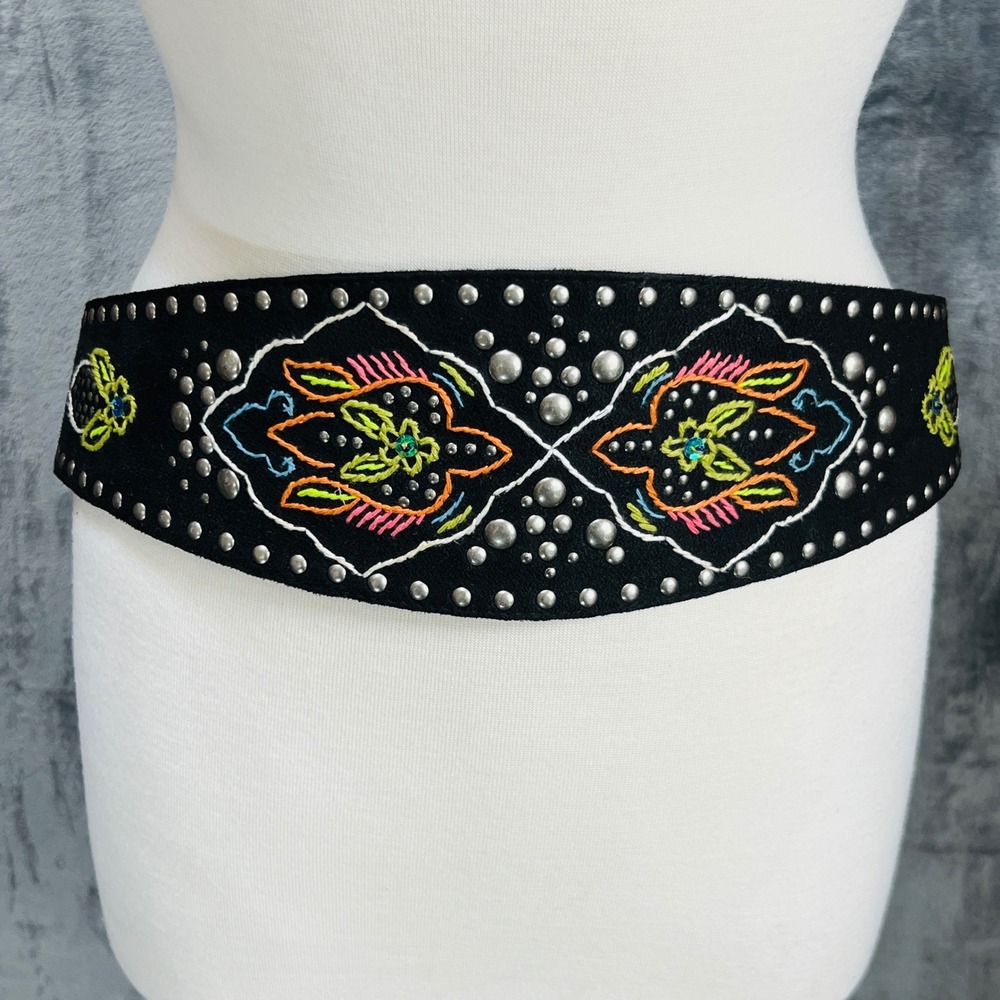 Faux Suede Embroidered Studded Embroidered Wide Waist Belt Sz L Boho Festival